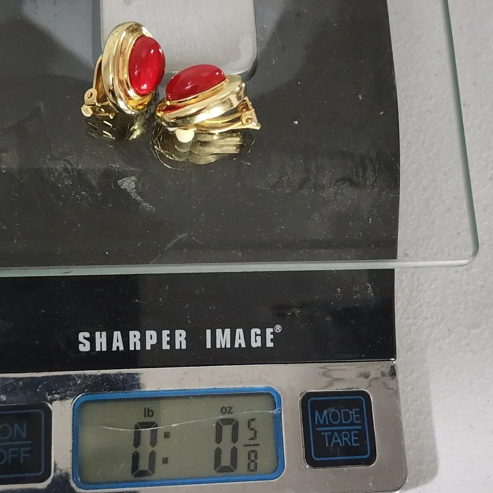 Vintage Gold Tone Red Cabochon Oval Clip On Earrings Statement Studs